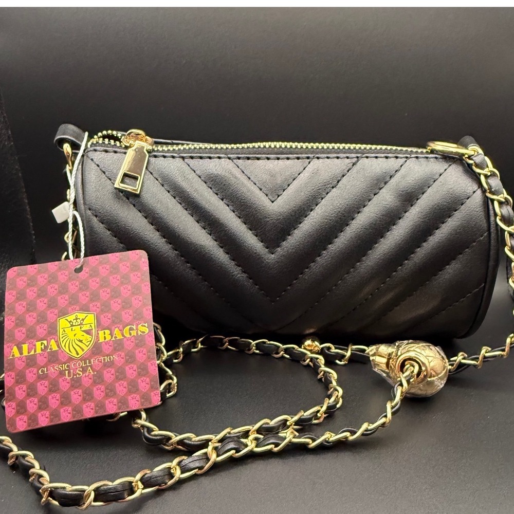 ALFA BAGS Black Chevron Quilted Cylinder‎ Crossbody Bag Gold Chain Strap